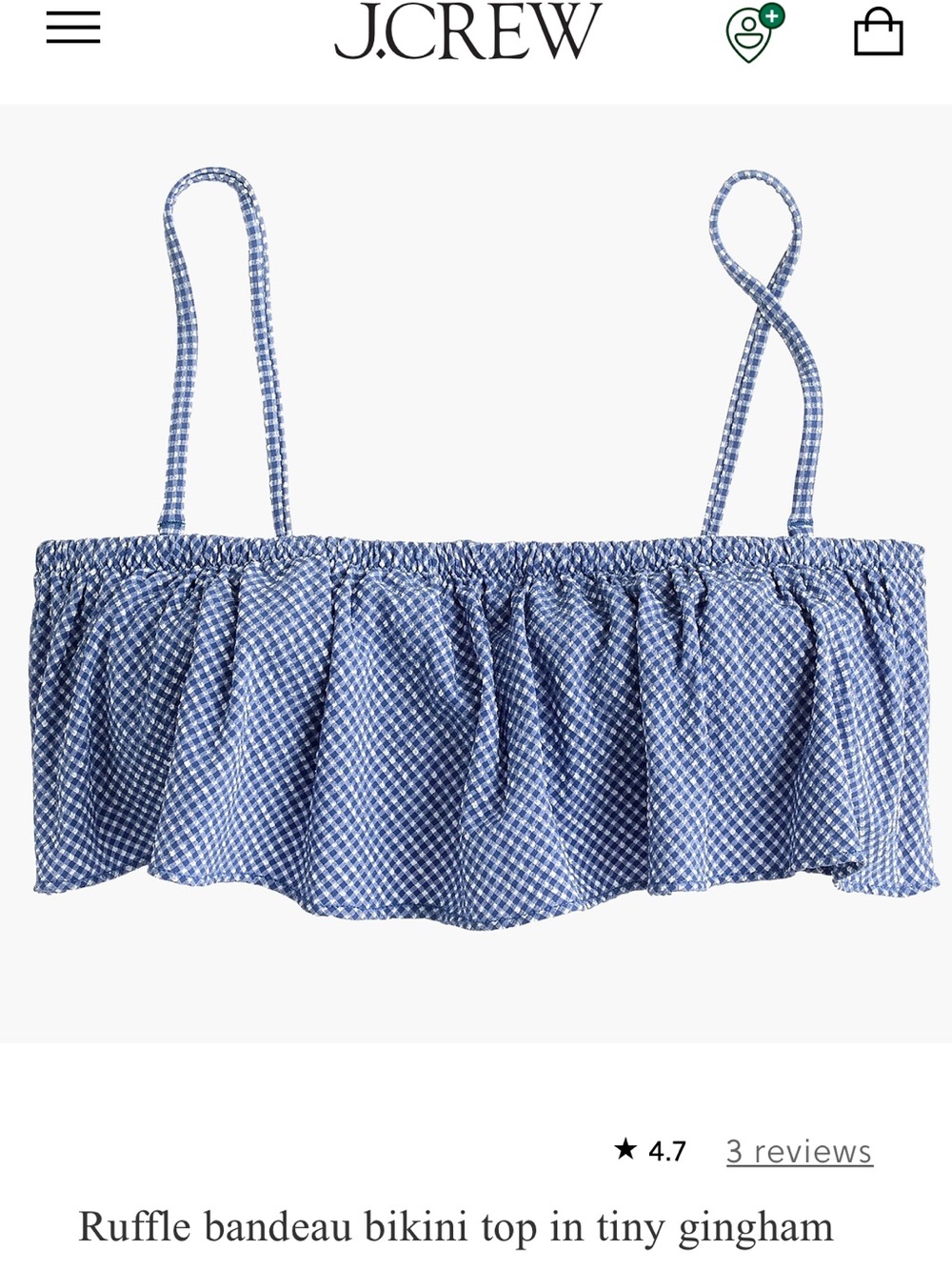 J. Crew Blue and White Gingham Ruffle Bandeau Bikini Top with Straps NWT